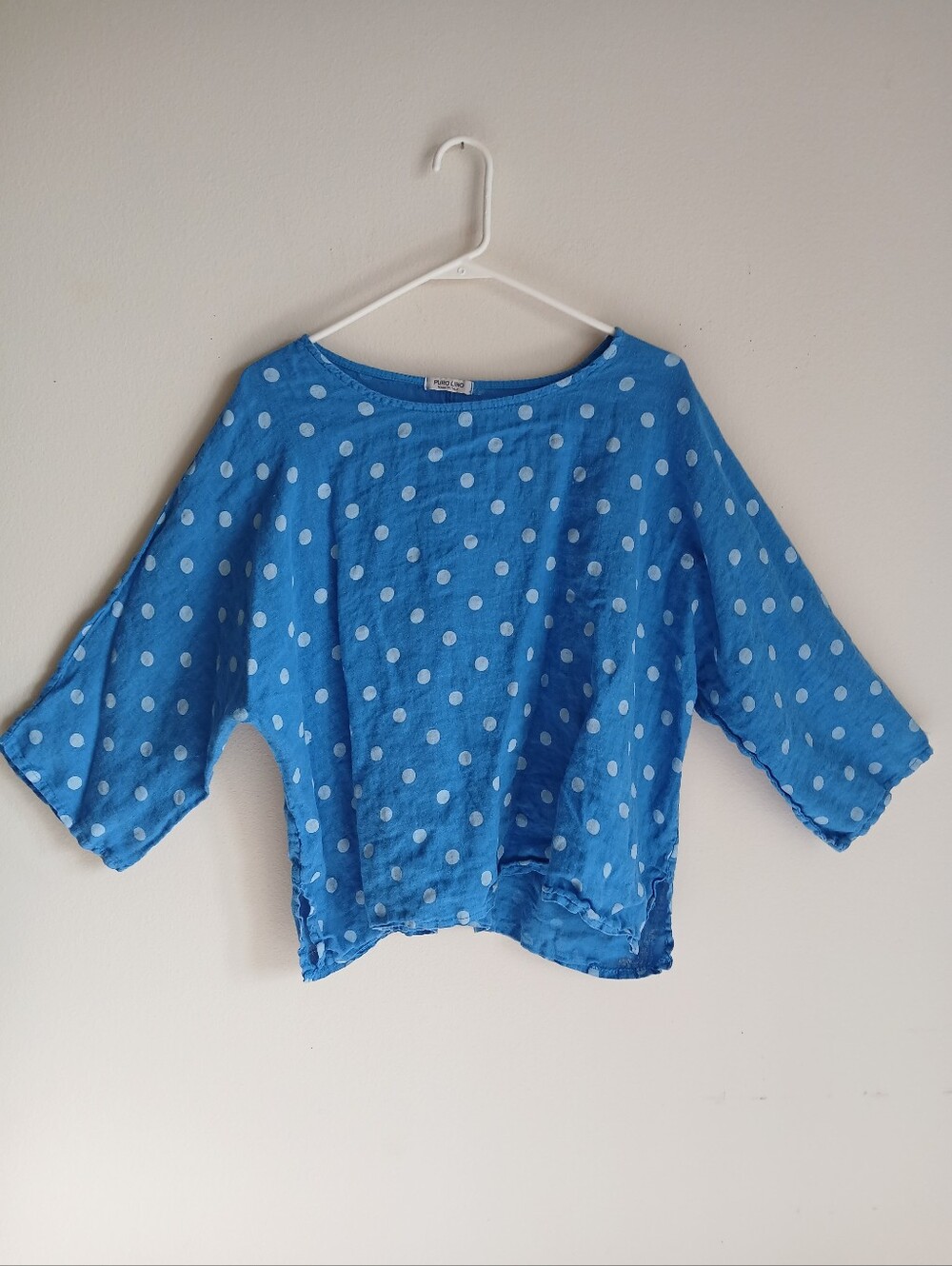 Puro Lino Linen Polka Dot Top Blue